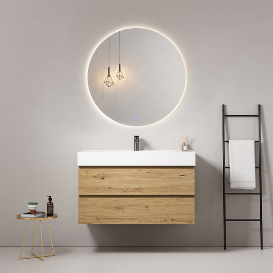 Mobile bagno sospeso 100 cm Bruno Medio Lavabo in Resina Specchio Tondo Retroilluminato - Fiji Wood