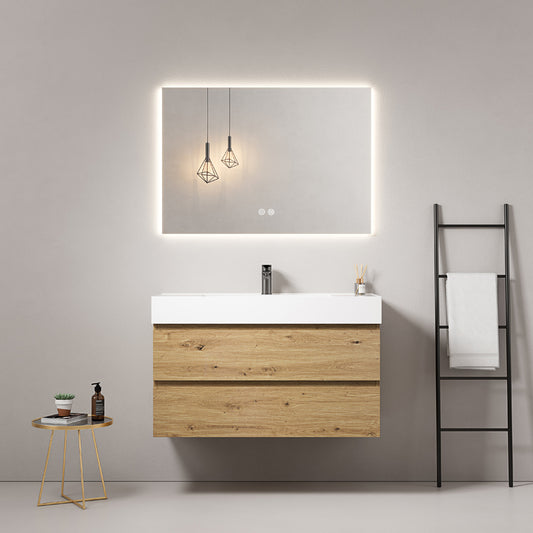 Mobile bagno sospeso 100 cm Bruno Medio Lavabo in Resina Specchio Quadro Retroilluminato - Fiji Wood