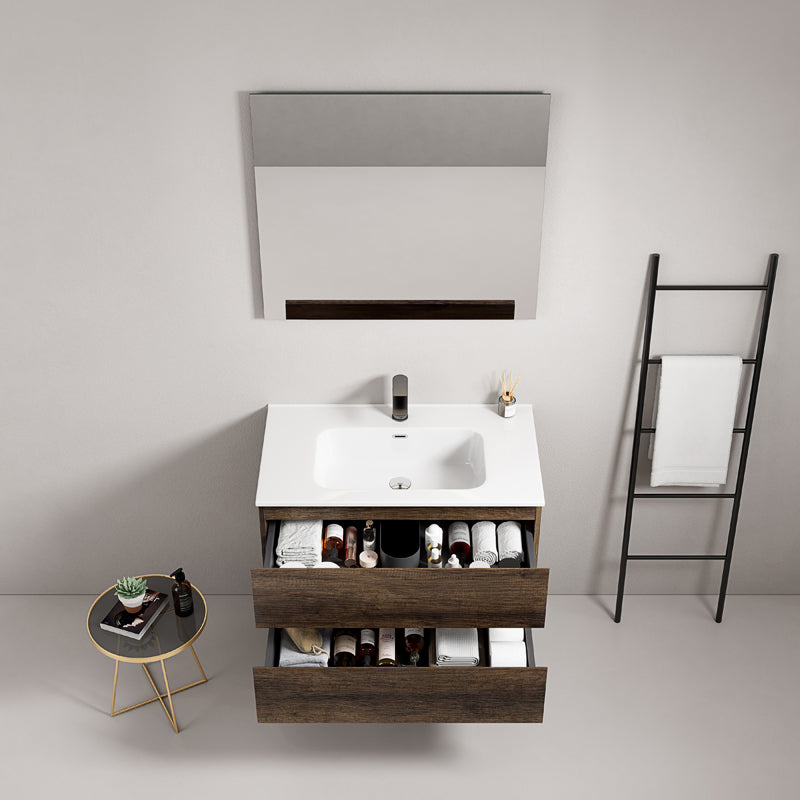 Mobile bagno sospeso 80 cm Bruno Scuro Lavabo in Ceramica Specchio Quadro - Fiji Wood