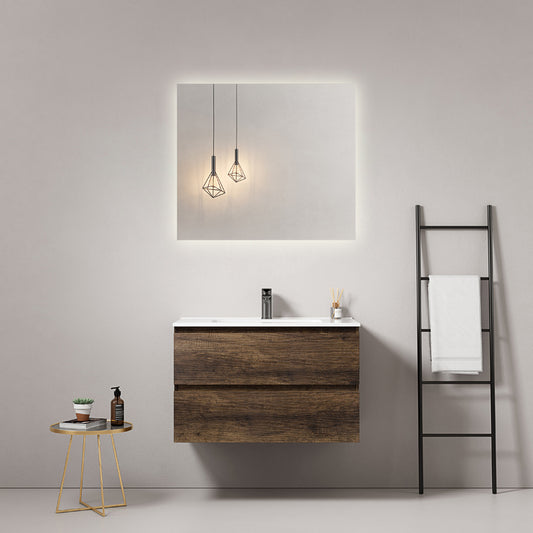 Mobile bagno sospeso 100 cm Bruno Scuro Lavabo in Ceramica Specchio Quadro Retroilluminato - Fiji Wood