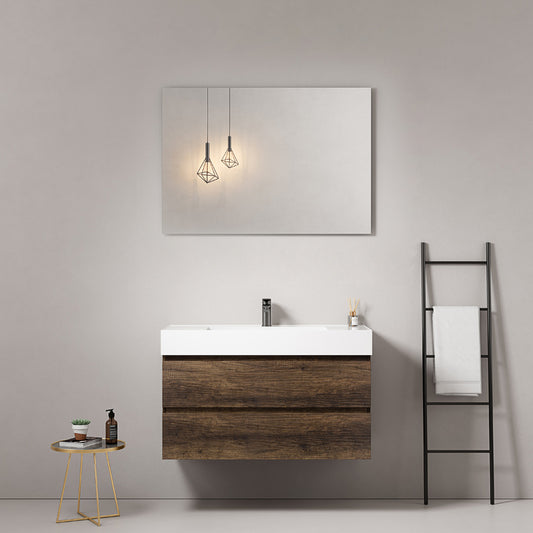 Mobile bagno sospeso 80 cm Bruno Scuro Lavabo in Resina Specchio Quadro - Fiji Wood