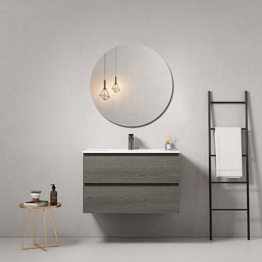 Mobile bagno sospeso 80 cm Grey Lavabo in Ceramica Specchio Tondo - Fiji Wood