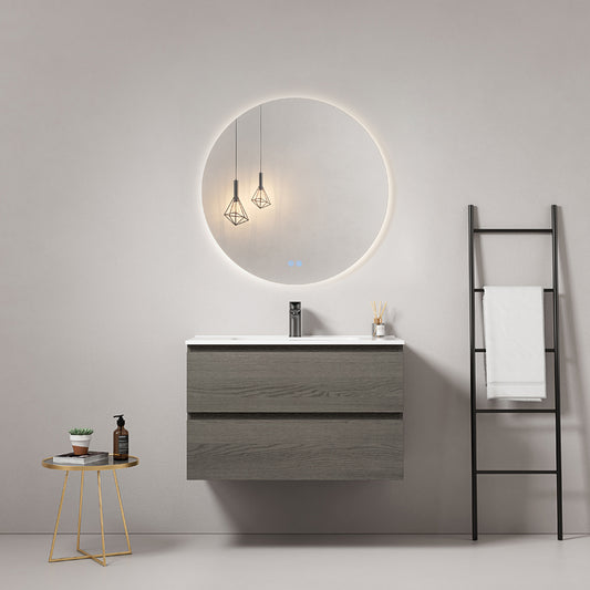 Mobile bagno sospeso 80 cm Grey Lavabo in Ceramica Specchio Tondo Retroilluminato - Fiji Wood