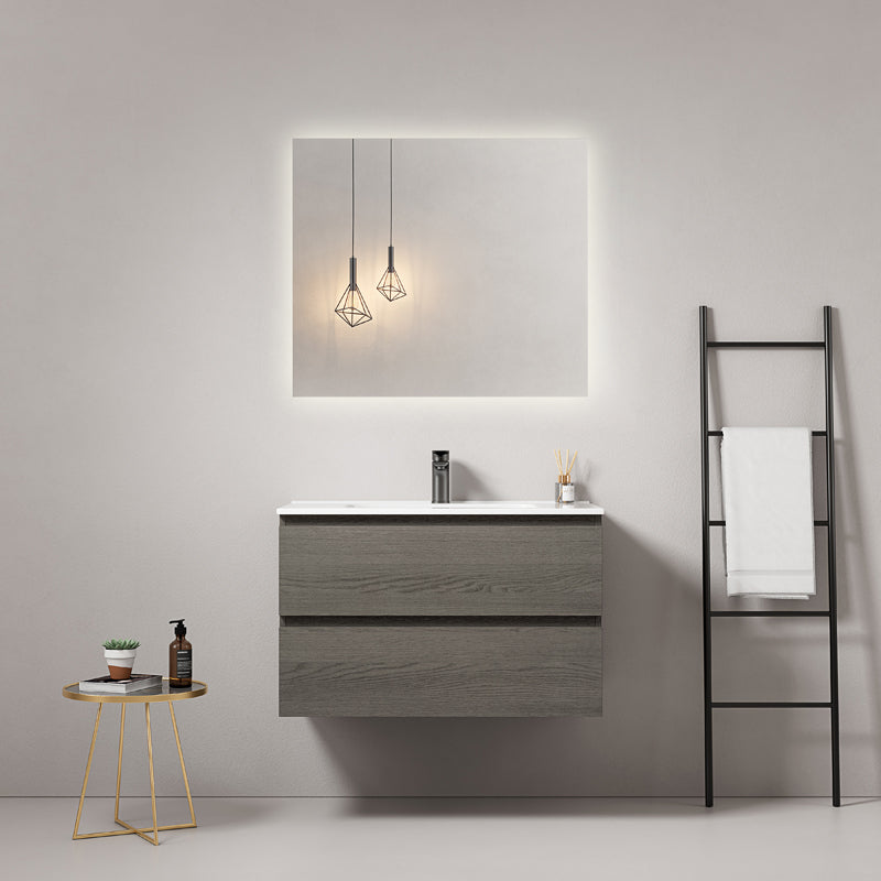 Mobile bagno sospeso 80 cm Grey Lavabo in Ceramica Specchio Quadro Retroilluminato - Fiji Wood