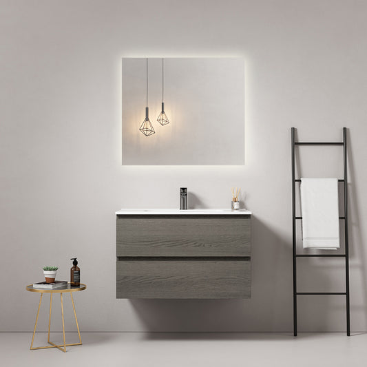 Mobile bagno sospeso 80 cm Grey Lavabo in Ceramica Specchio Quadro Retroilluminato - Fiji Wood