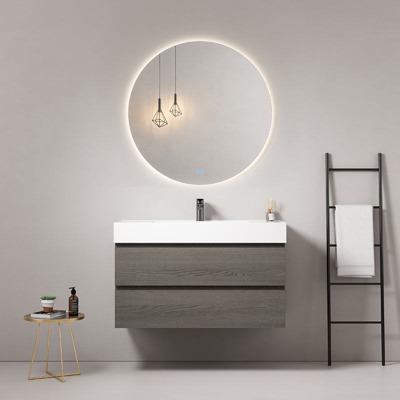 Mobile bagno sospeso 80 cm Grey Lavabo in Resina Specchio Tondo Retroilluminato - Fiji Wood