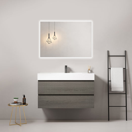 Mobile bagno sospeso 80 cm Grey Lavabo in Resina Specchio Quadro Retroilluminato - Fiji Wood
