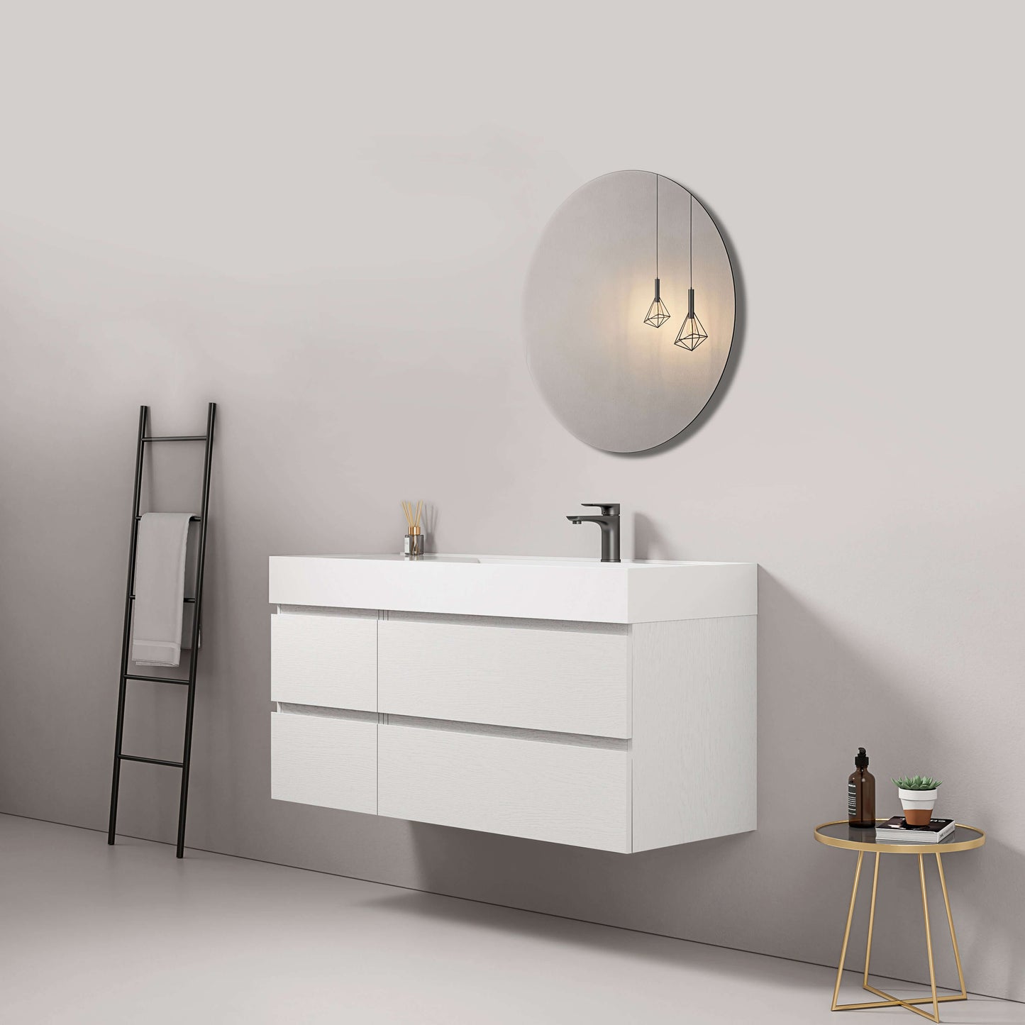 Mobile bagno sospeso 120 cm Bianco Lavabo a Destra in Resina Specchio Tondo - Fiji Wood