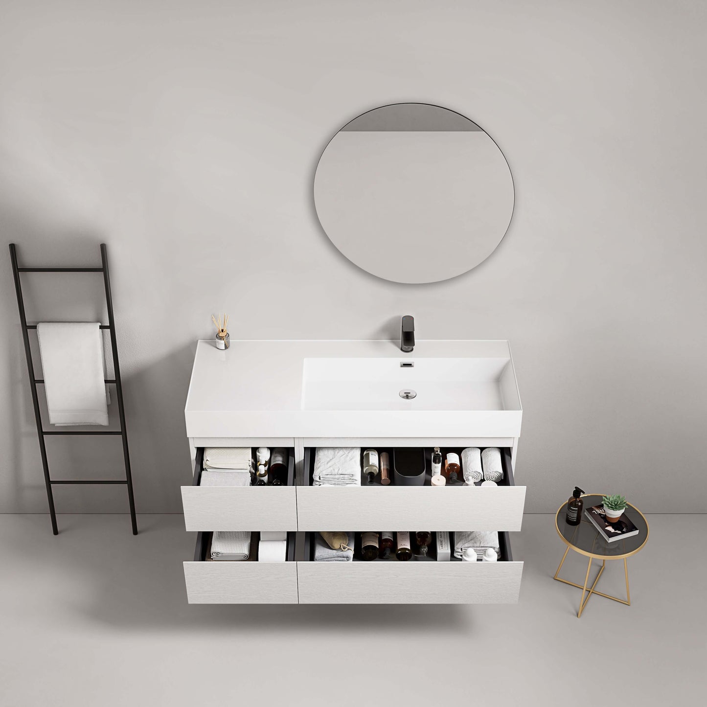 Mobile bagno sospeso 120 cm Bianco Lavabo a Destra in Resina Specchio Tondo - Fiji Wood