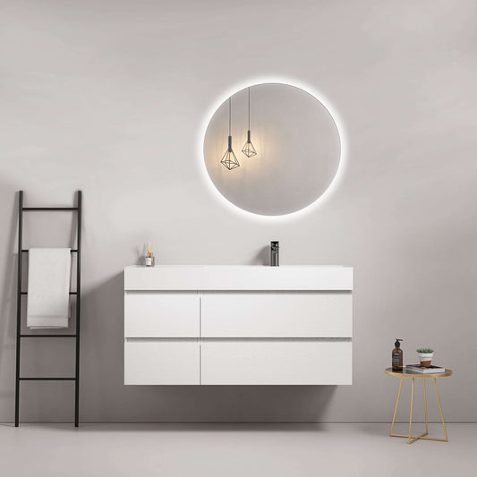 Mobile bagno sospeso 120 cm Bianco Lavabo a Destra in Resina Specchio Tondo Retroilluminato - Fiji Wood