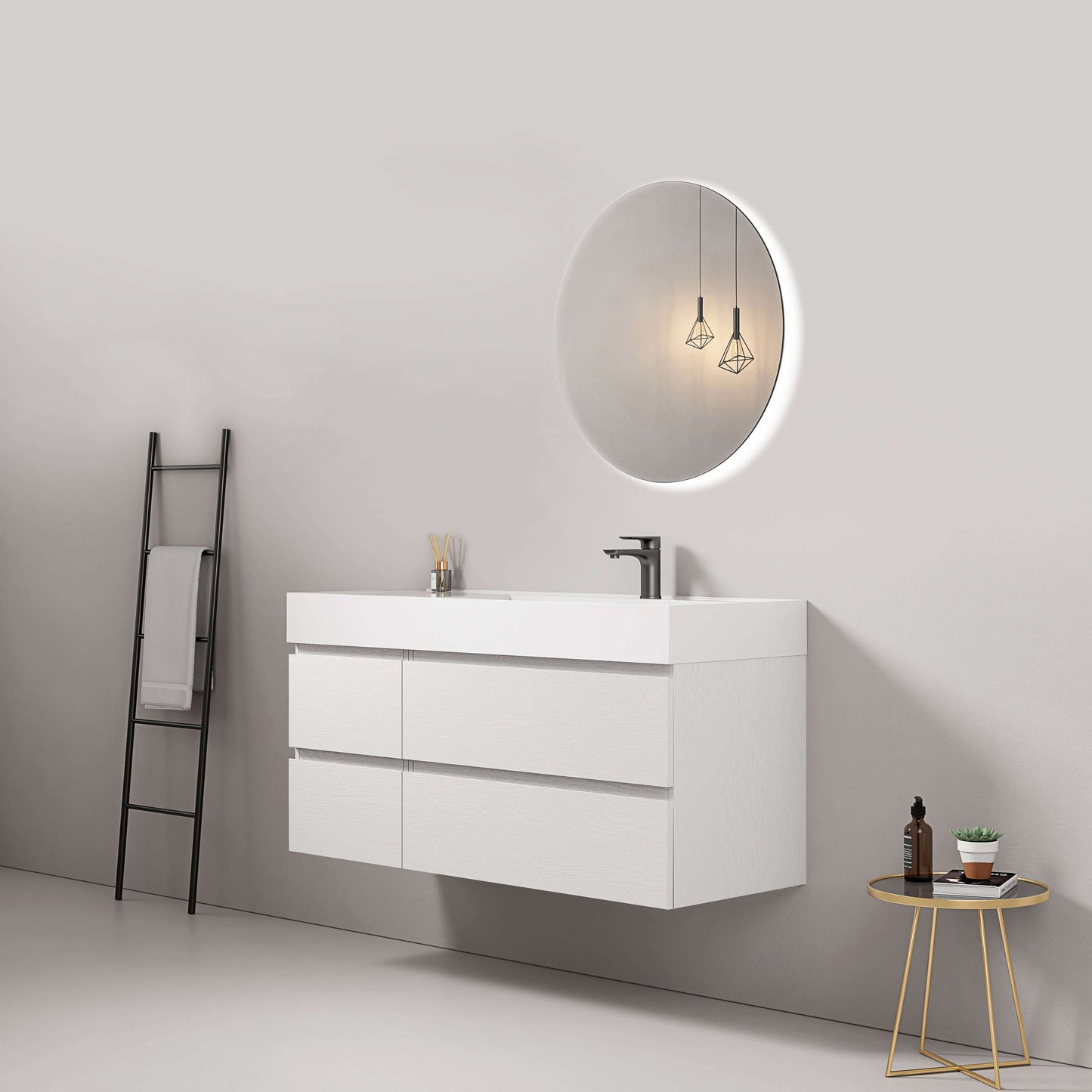 Mobile bagno sospeso 120 cm Bianco Lavabo a Destra in Resina Specchio Tondo Retroilluminato - Fiji Wood