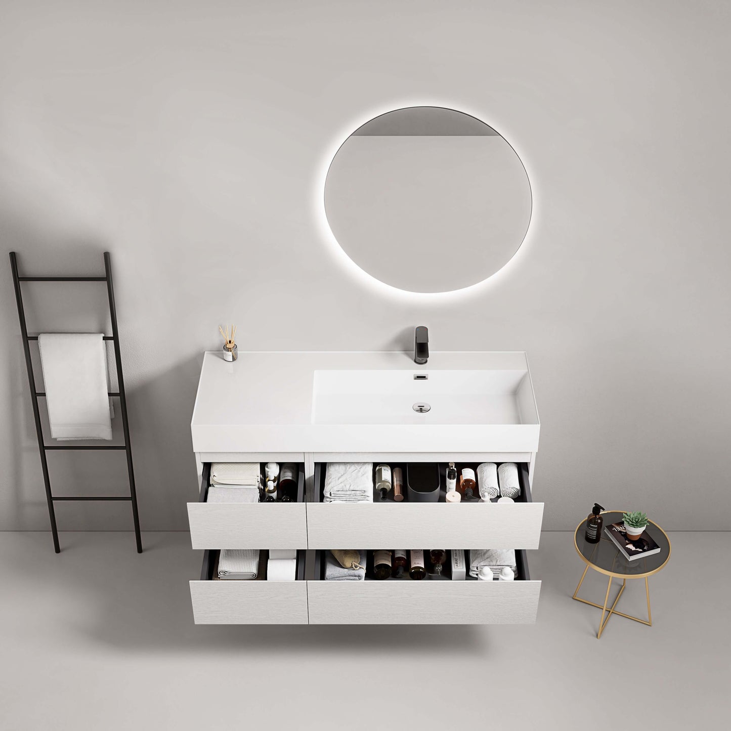 Mobile bagno sospeso 120 cm Bianco Lavabo a Destra in Resina Specchio Tondo Retroilluminato - Fiji Wood