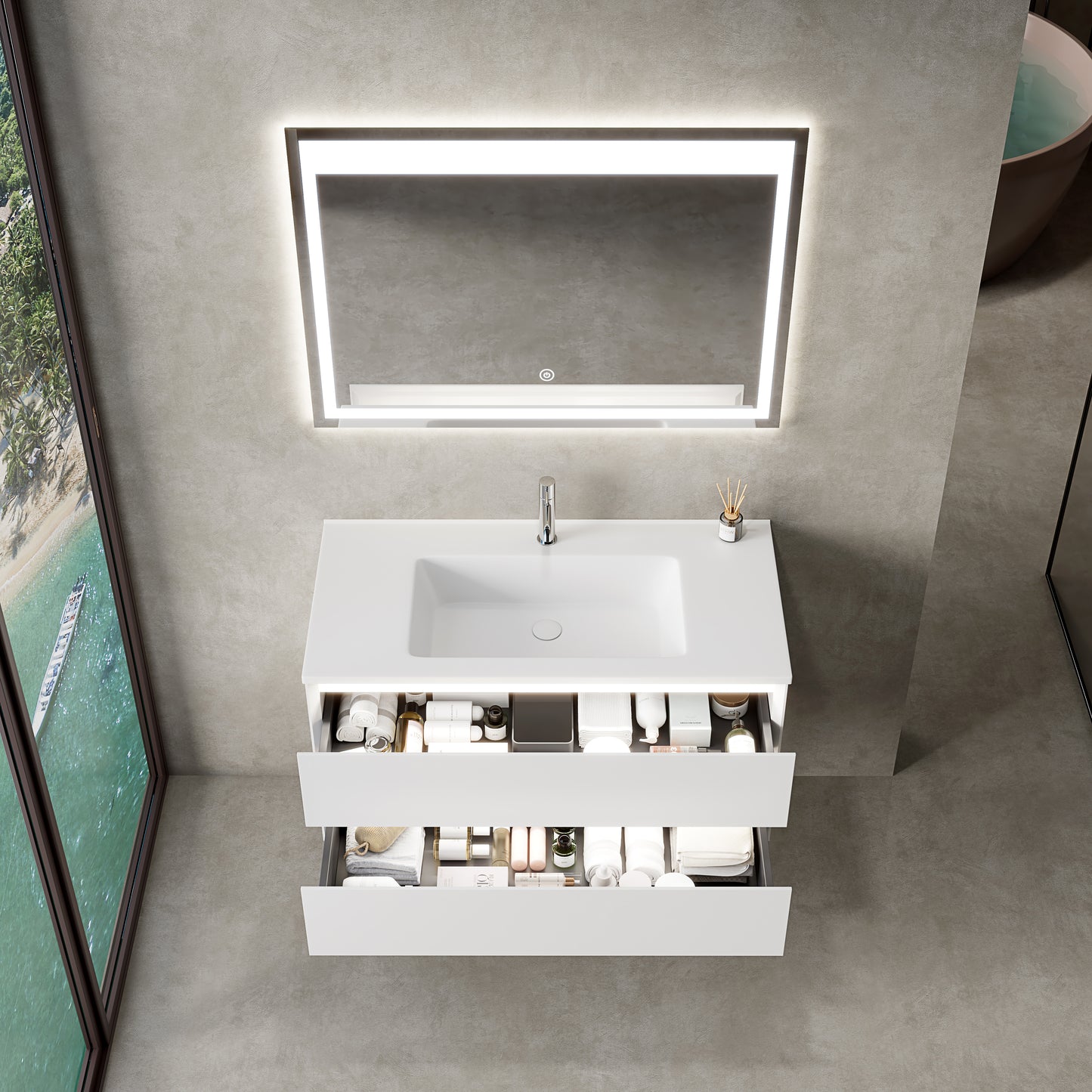 Mobile Bagno Marsiglia 100 cm White Glossy Specchio Led Touch Incluso - MedaHome