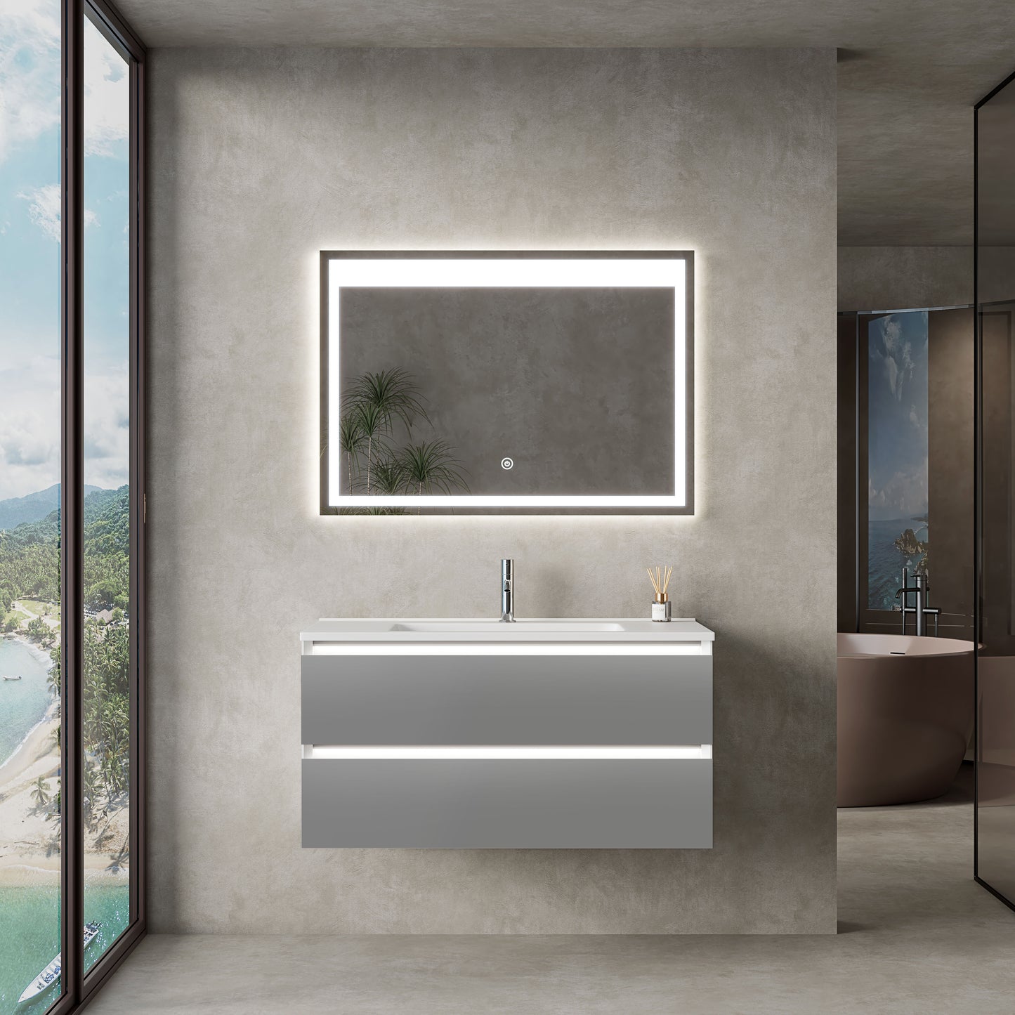 Mobile Bagno Marsiglia 100 cm Grey Specchio Led Touch Incluso - MedaHome
