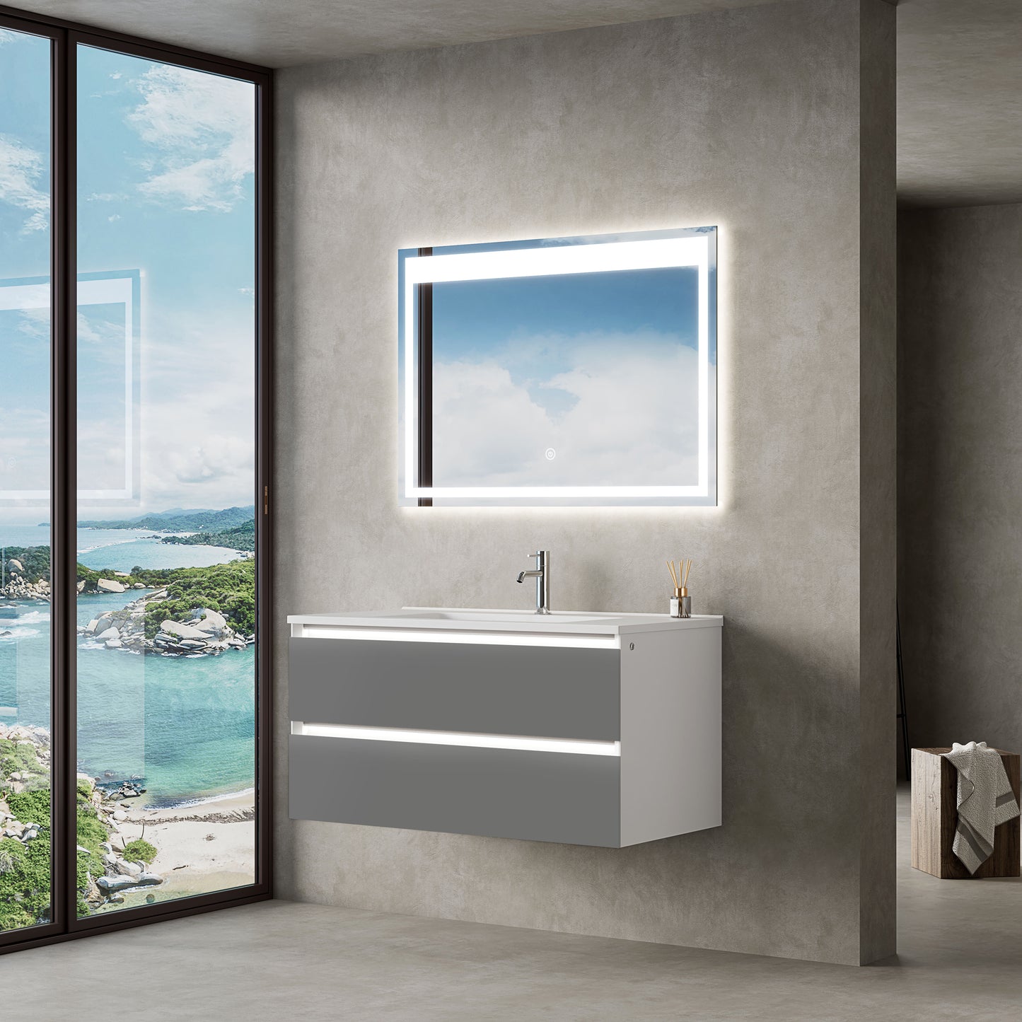 Mobile Bagno Marsiglia 100 cm Grey Specchio Led Touch Incluso - MedaHome
