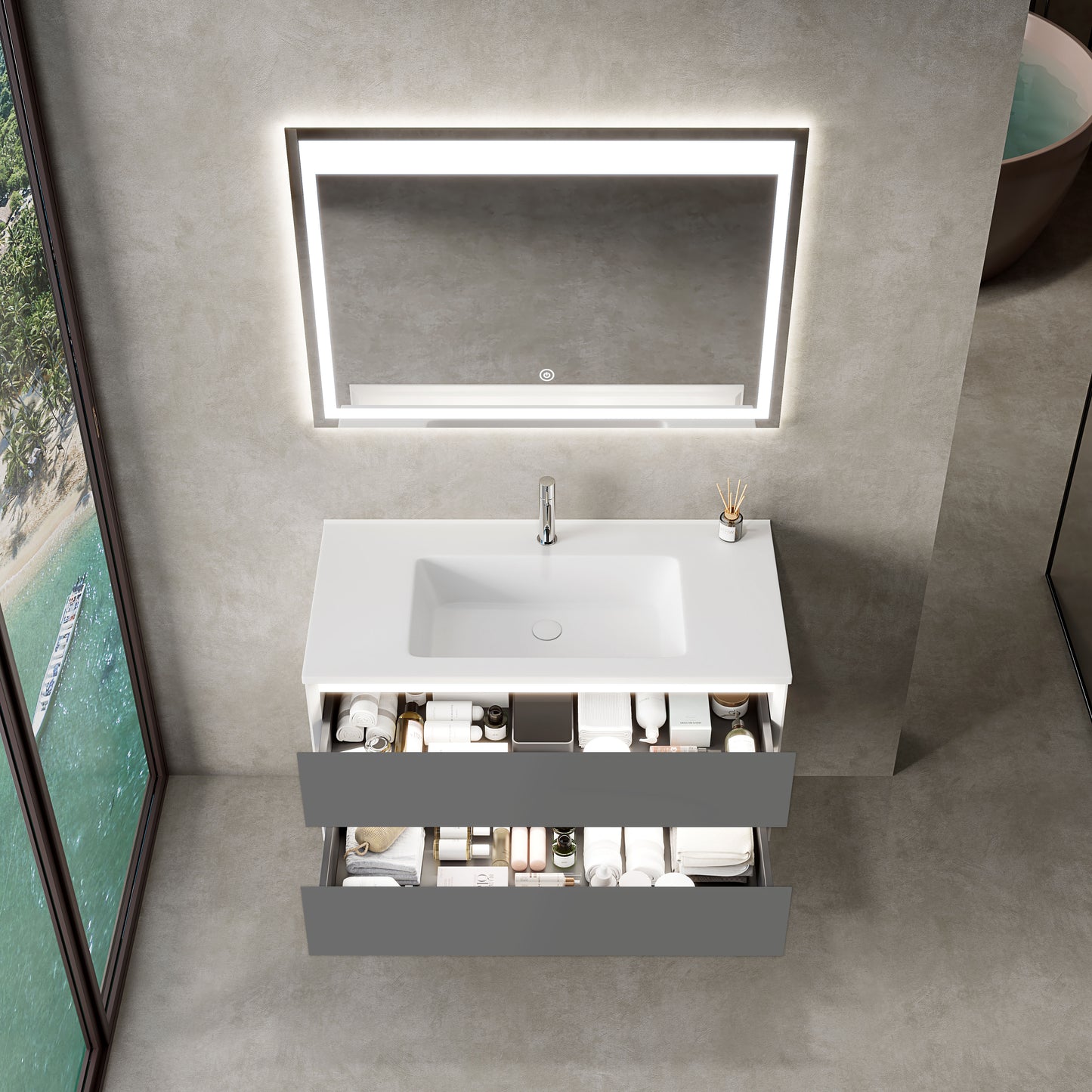 Mobile Bagno Marsiglia 100 cm Grey Specchio Led Touch Incluso - MedaHome