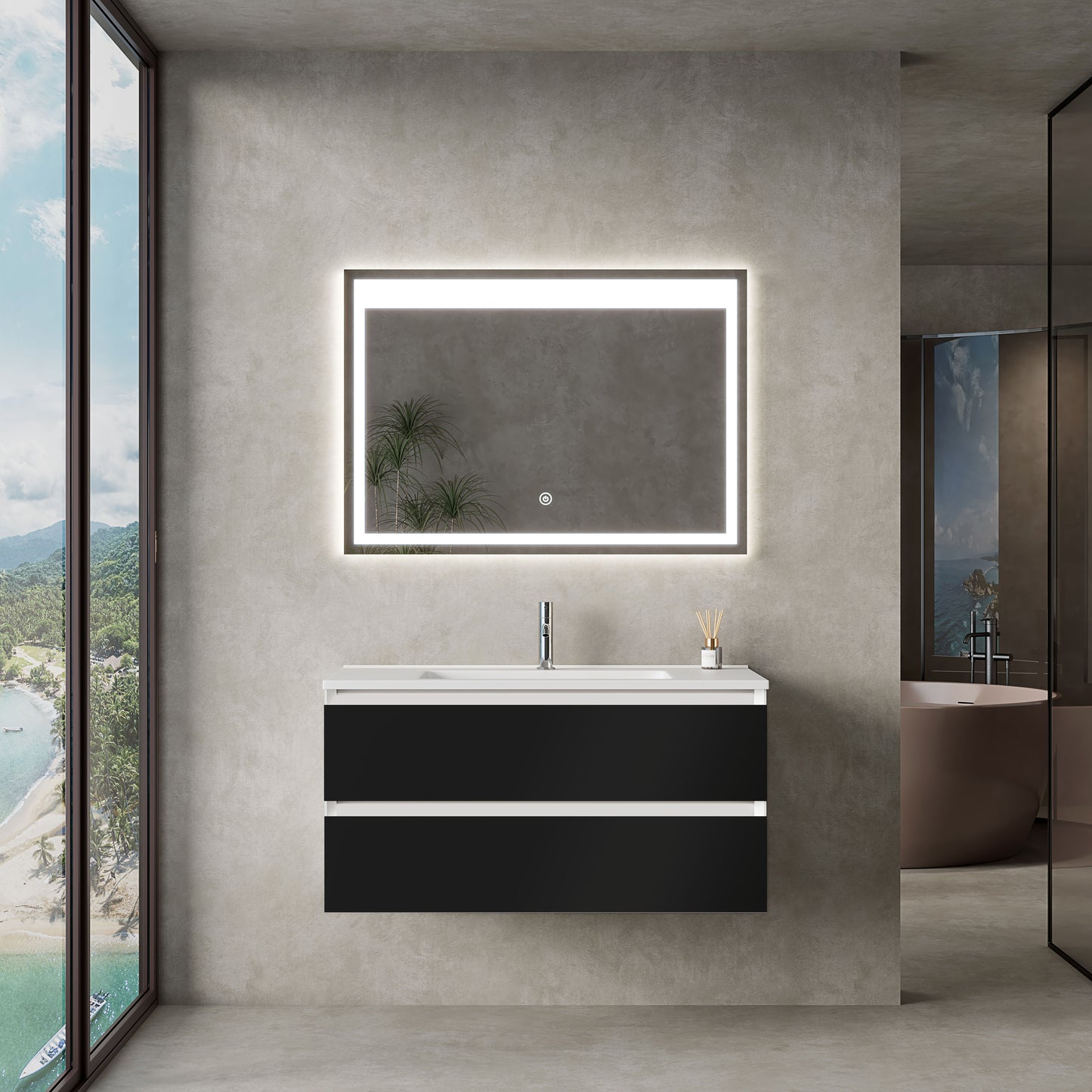 Mobile Bagno Marsiglia 100 cm Black Specchio Led Touch Incluso - MedaHome