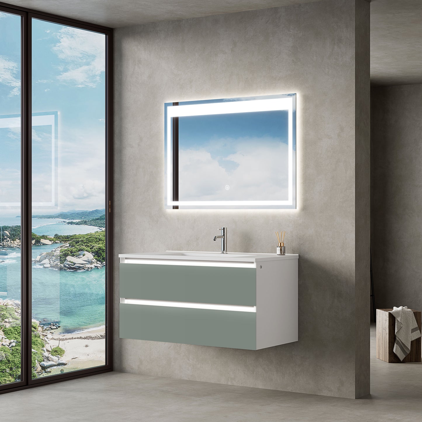 Mobile Bagno Marsiglia 100 cm Green Specchio Led Touch Incluso - MedaHome