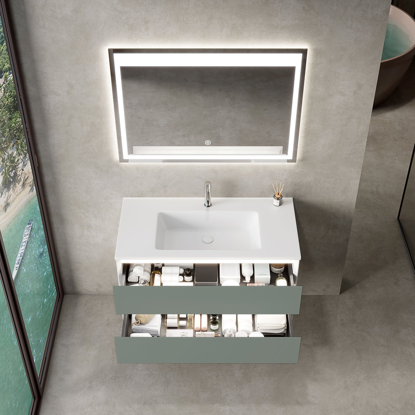 Mobile Bagno Marsiglia 100 cm Green Specchio Led Touch Incluso - MedaHome