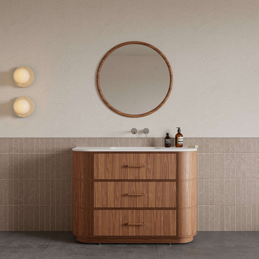 Mobile Bagno 120 cm A Terra Rovere Medio Con Specchio Tondo  - Naru