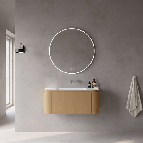 Mobile bagno sospeso Nooma in rovere chiaro con specchio tondo retroilluminato, design moderno per bagno elegante.