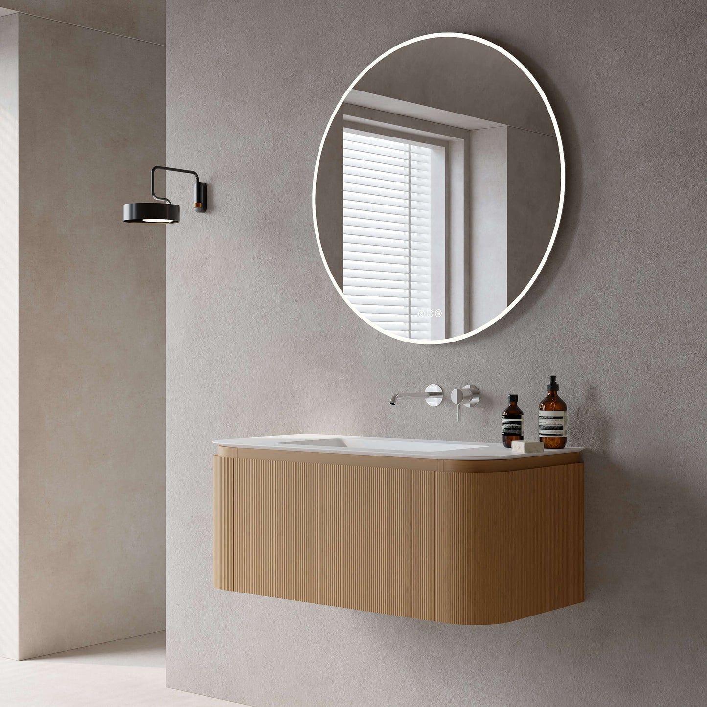 Mobile Bagno 100 cm Sospeso Rovere Chiaro Specchio Tondo Retroilluminato - Nooma