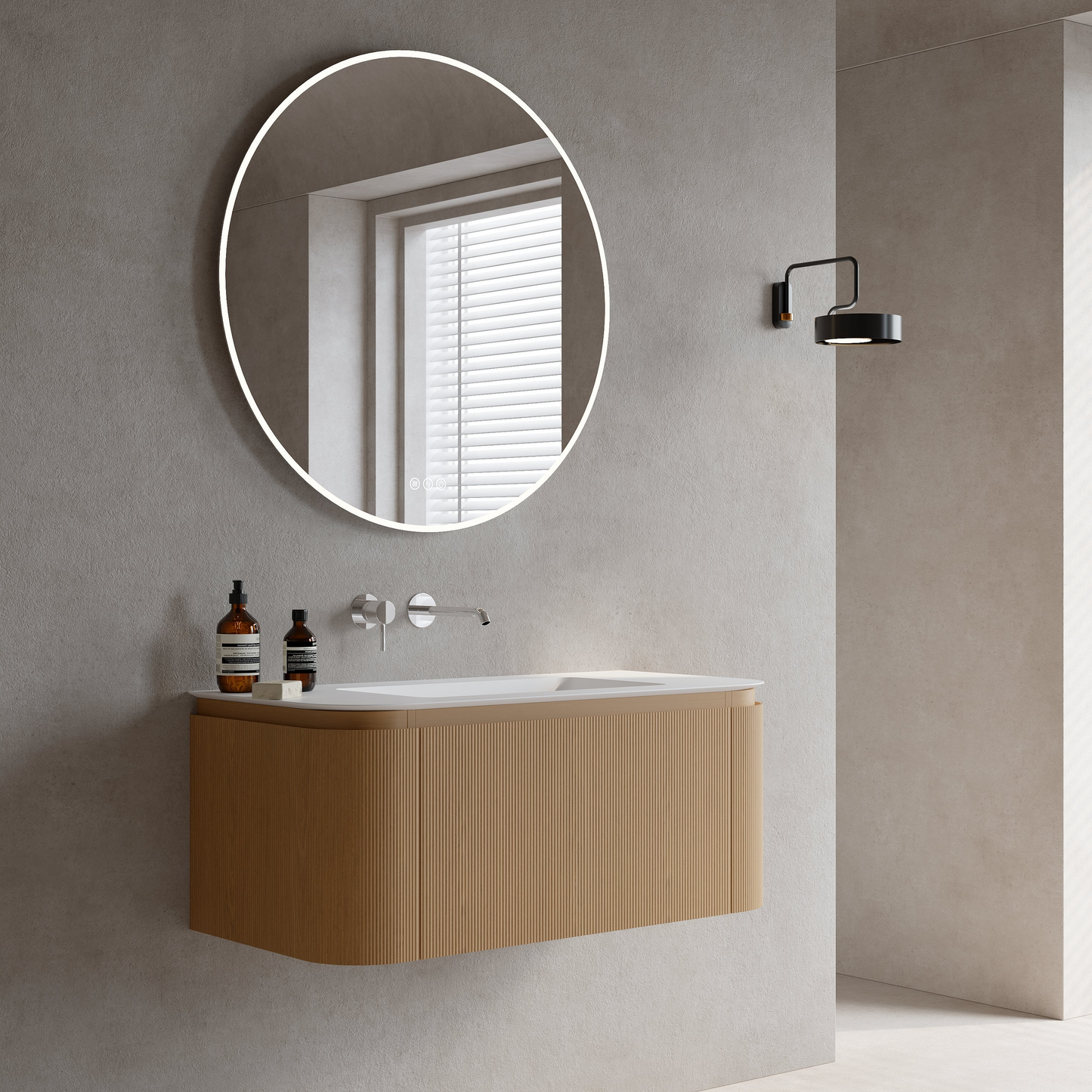 Mobile Bagno 100 cm Sospeso Rovere Chiaro Specchio Tondo Retroilluminato - Nooma