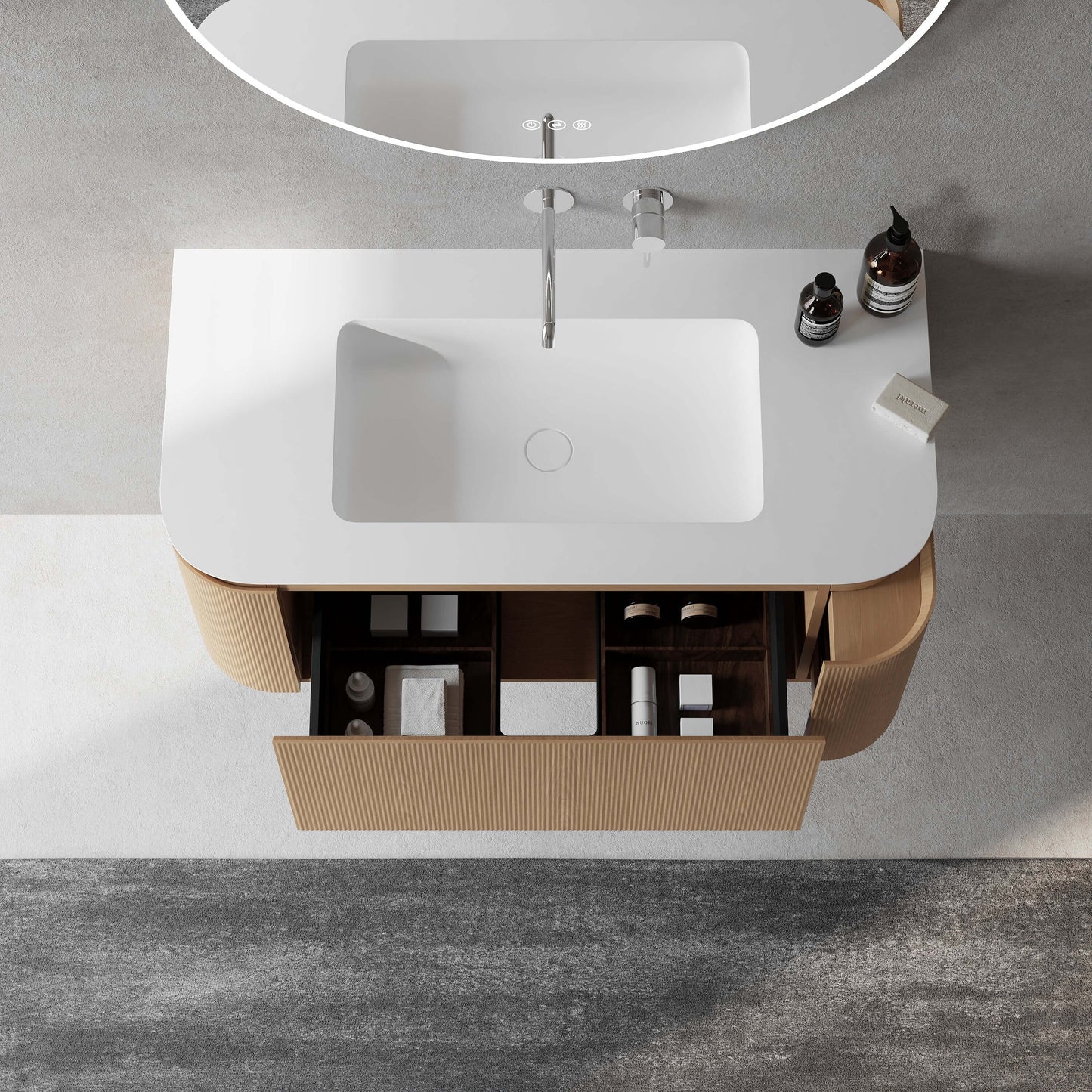 Mobile Bagno 100 cm Sospeso Rovere Chiaro Specchio Tondo Retroilluminato - Nooma