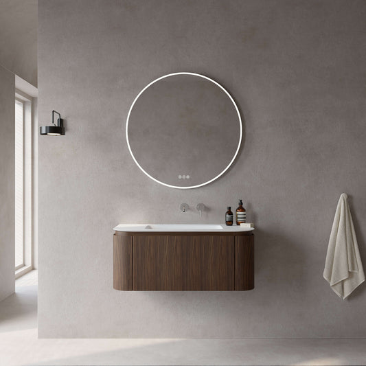 Mobile Bagno 100 cm Sospeso Rovere Medio Specchio Tondo Retroilluminato - Nooma
