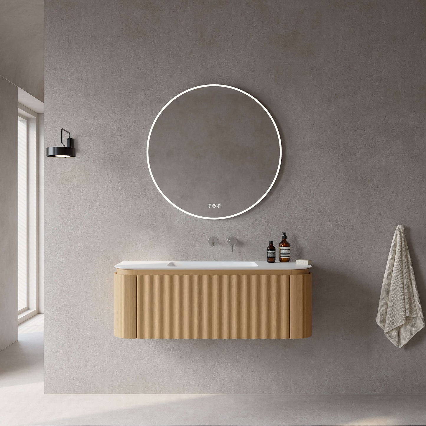 Mobile Bagno 120 cm Sospeso Rovere Chiaro Specchio Tondo Retroilluminato - Nooma
