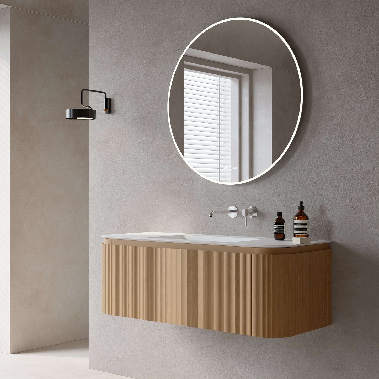 Mobile Bagno 120 cm Sospeso Rovere Chiaro Specchio Tondo Retroilluminato - Nooma