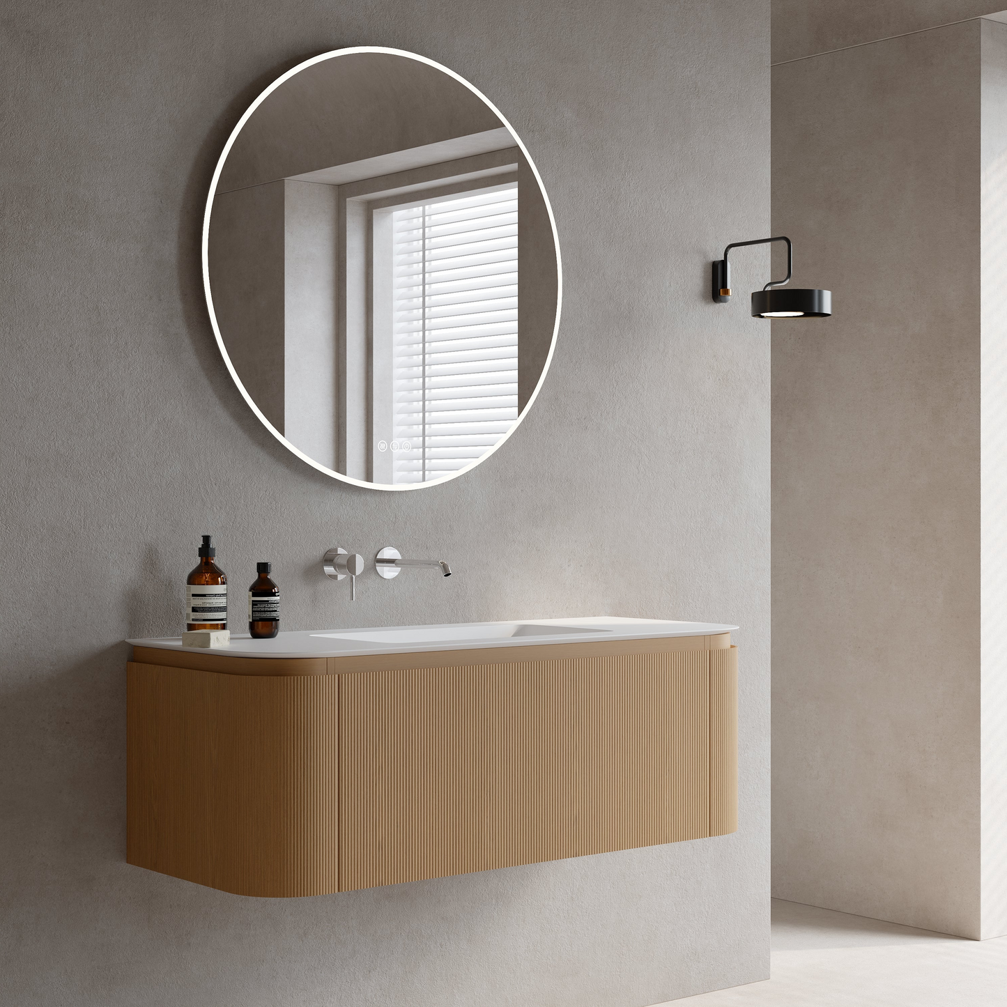 Mobile Bagno 120 cm Sospeso Rovere Chiaro Specchio Tondo Retroilluminato - Nooma