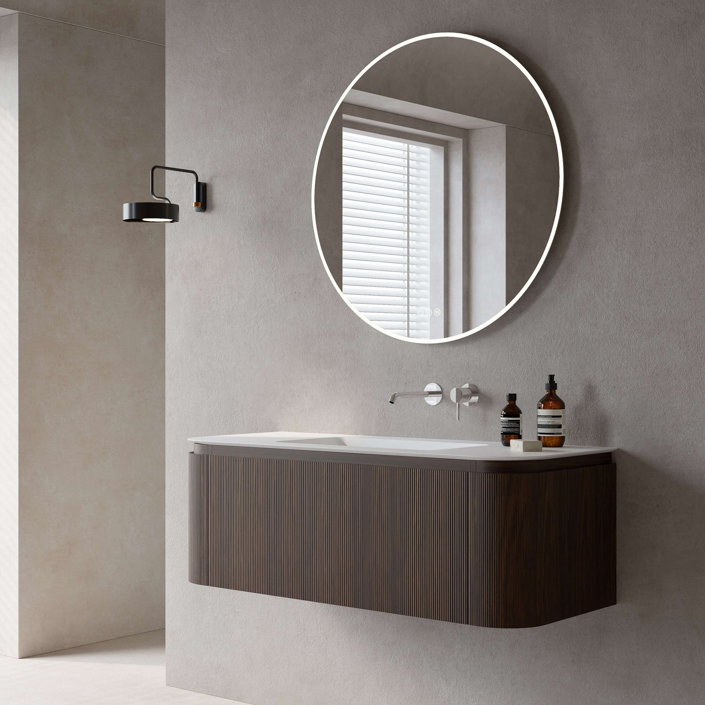 Mobile Bagno 120 cm Sospeso Rovere Medio Specchio Tondo Retroilluminato - Nooma