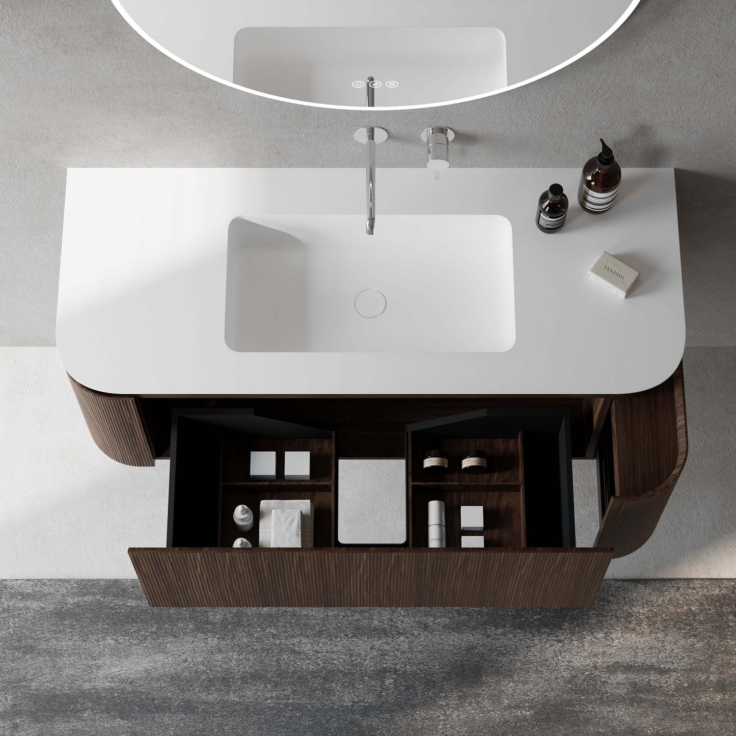 Mobile Bagno 120 cm Sospeso Rovere Medio Specchio Tondo Retroilluminato - Nooma