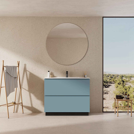 Mobile bagno a Terra 100 cm Blu Avio Lavabo in Ceramica Specchio Tondo - Nube Paint