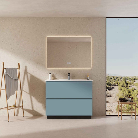 Mobile bagno a Terra 100 cm Blu Avio Lavabo in Ceramica Specchio Quadro Retroilluminato - Nube Paint