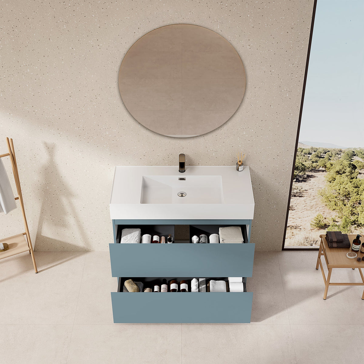 Mobile bagno a Terra 100 cm Blu Avio Lavabo in Resina Specchio Tondo - Nube Paint