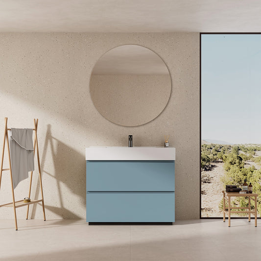 Mobile bagno a Terra 100 cm Blu Avio Lavabo in Resina Specchio Tondo - Nube Paint