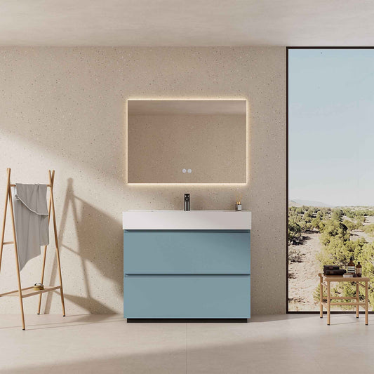 Mobile bagno a Terra 100 cm Blu Avio Lavabo in Resina Specchio Quadro Retroilluminato - Nube Paint