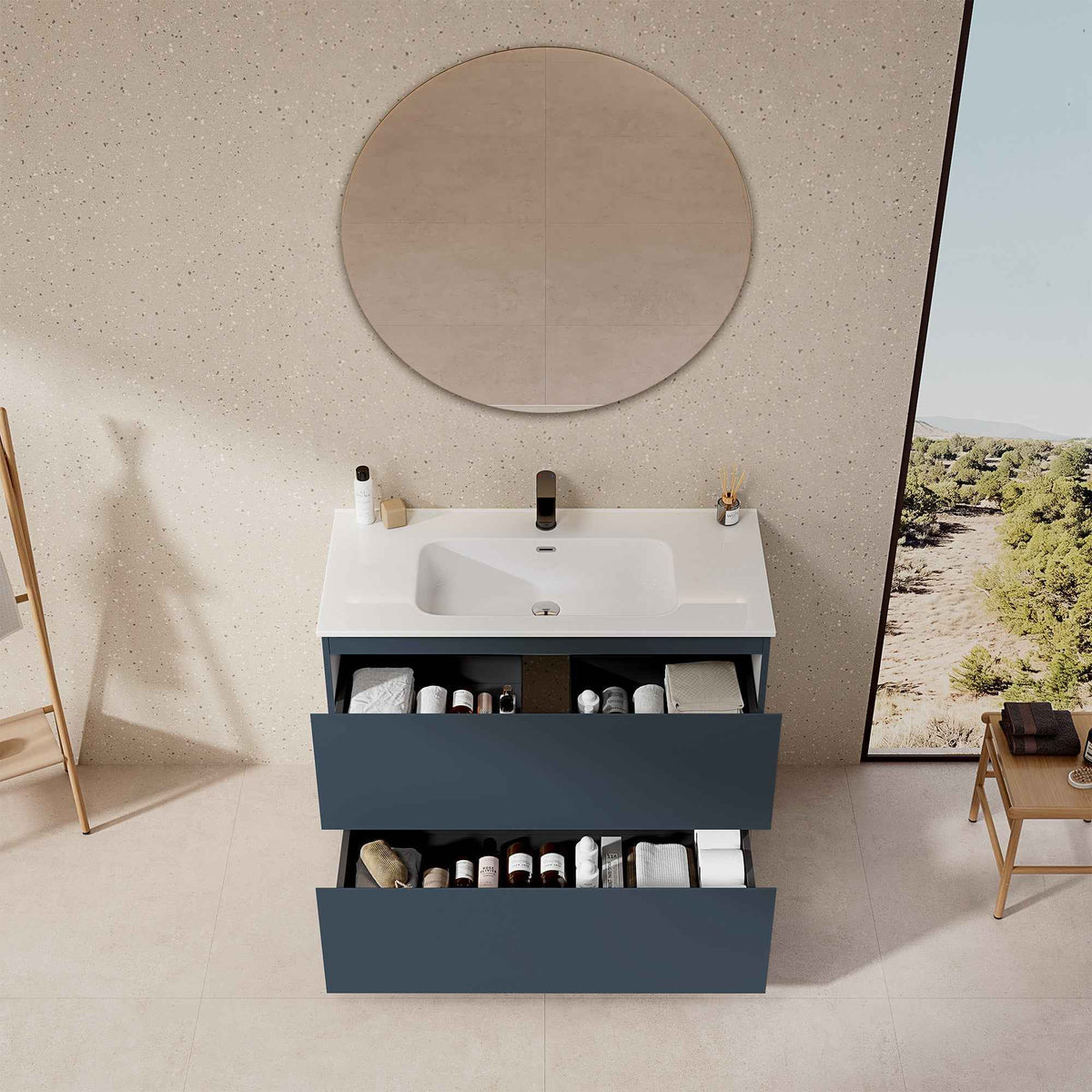 Mobile bagno a Terra 100 cm Blu Mare Lavabo in Ceramica Specchio Tondo - Nube Paint