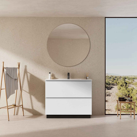 Mobile bagno a Terra 100 cm Bianco Lavabo in Ceramica Specchio Tondo - Nube Paint