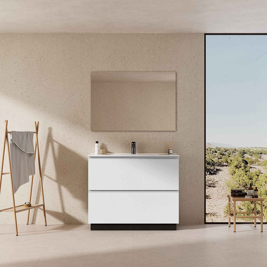 Mobile bagno a Terra 100 cm Bianco Lavabo in Ceramica Specchio Tondo Retroilluminato - Nube Paint