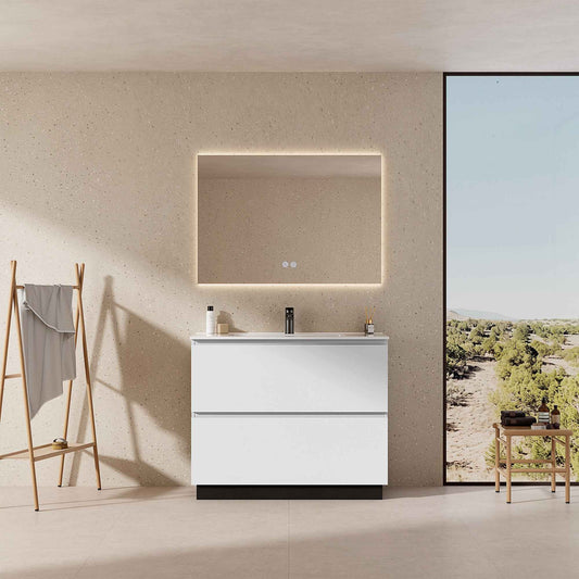 Mobile bagno a Terra 100 cm Bianco Lavabo in Ceramica Specchio Quadro Retroilluminato - Nube Paint