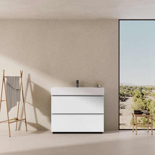 Mobile bagno a Terra 100 cm Bianco Lavabo in Resina Senza Specchio - Nube Paint