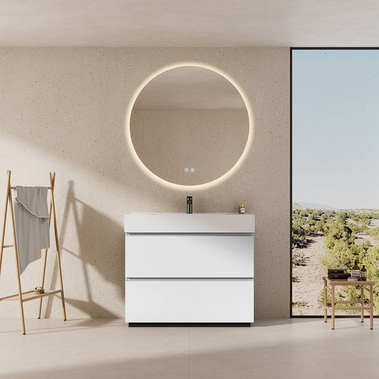 Mobile bagno a Terra 100 cm Bianco Lavabo in Resina Specchio Quadro - Nube Paint