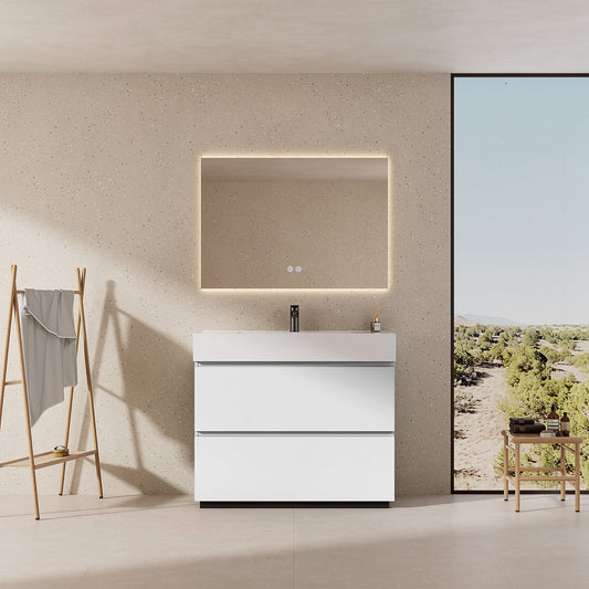 Mobile bagno a Terra 100 cm Bianco Lavabo in Resina Specchio Quadro Retroilluminato - Nube Paint