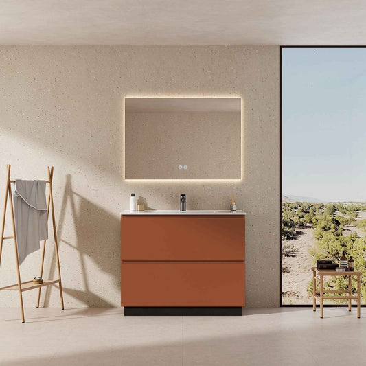 Mobile bagno a Terra 100 cm Cotto Contemporaneo Lavabo in Ceramica Specchio Quadro Retroilluminato - Nube Paint