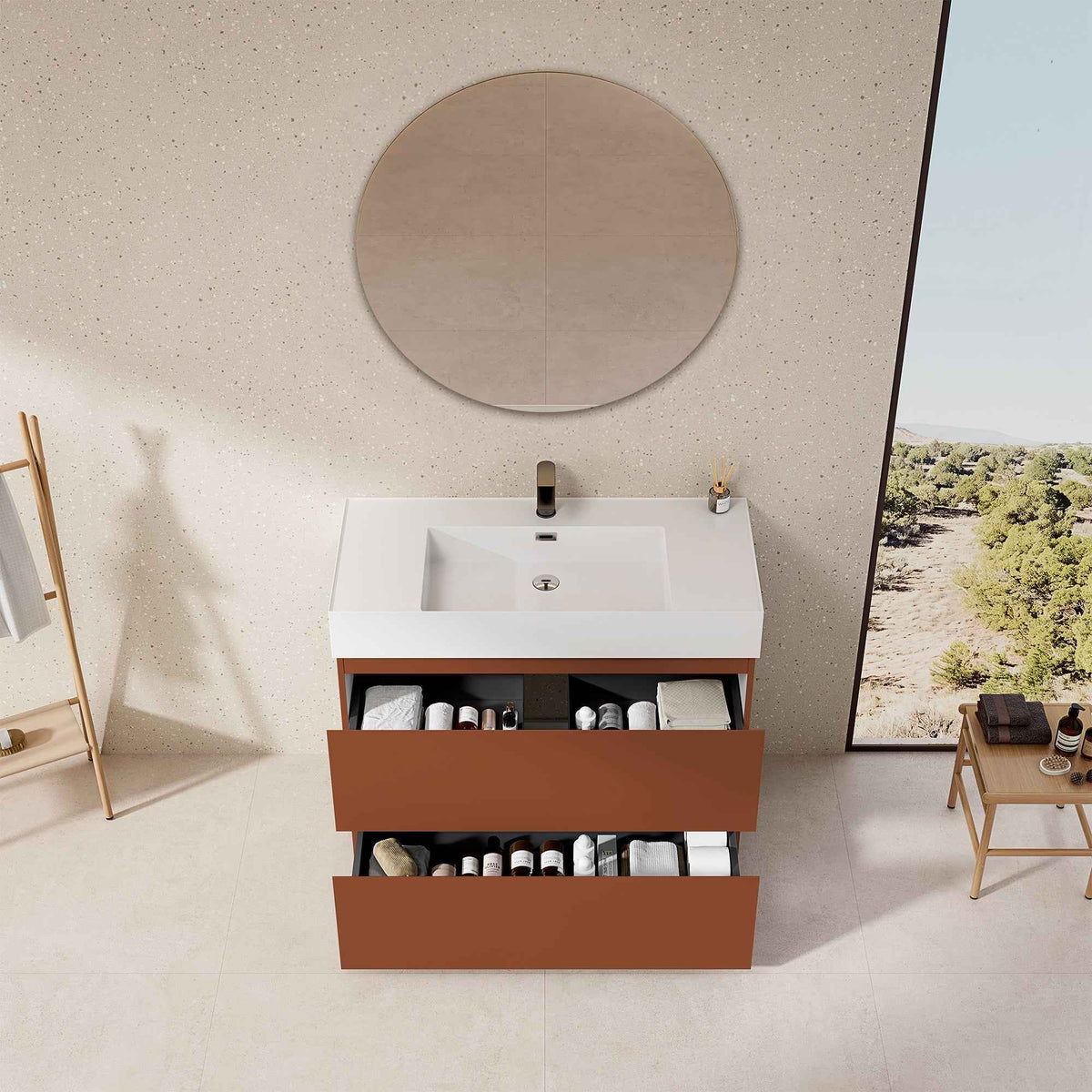 Mobile bagno a Terra 100 cm Cotto Contemporaneo Lavabo in Resina Specchio Tondo - Nube Paint