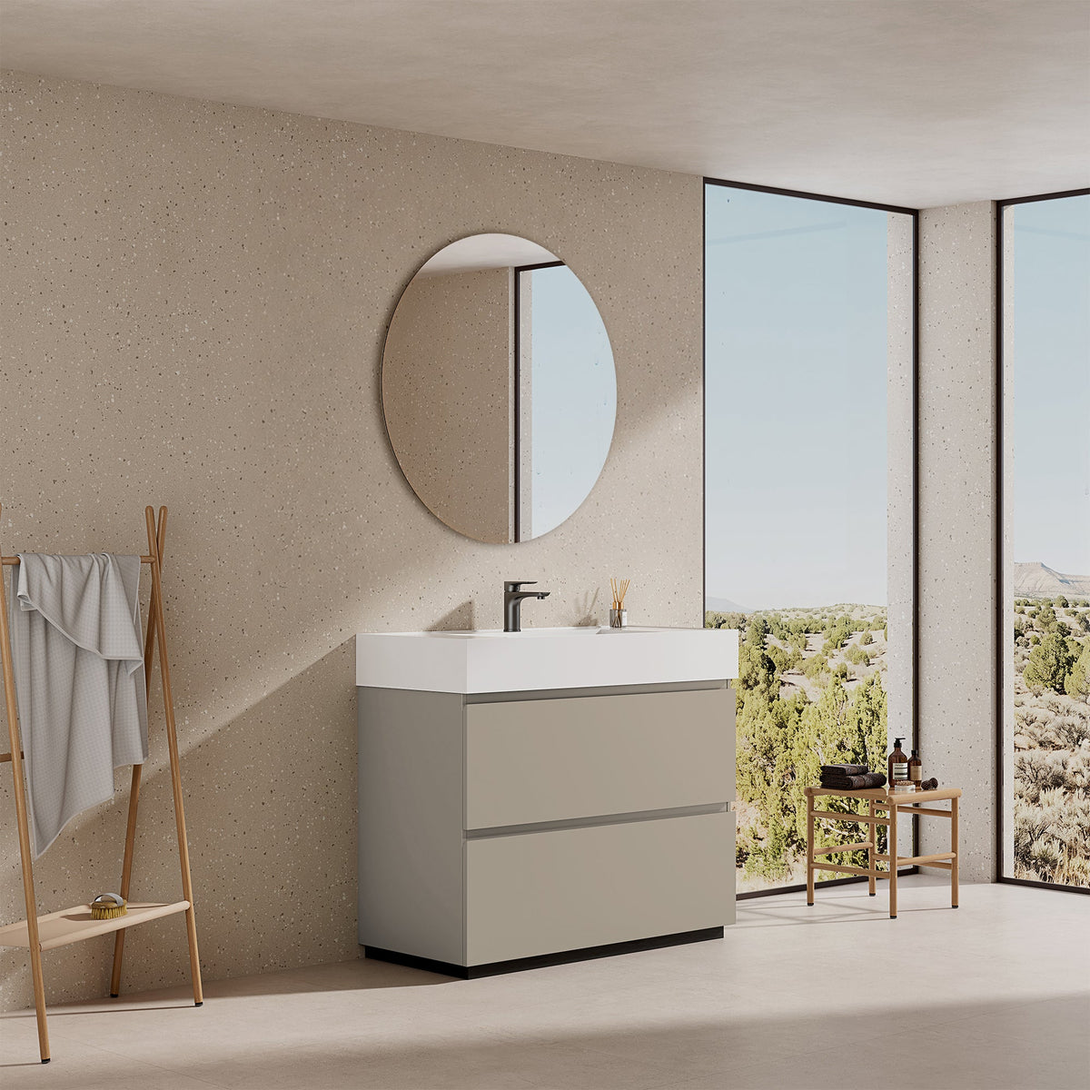 Mobile bagno a Terra 100 cm Grigio Cenere Lavabo in Resina Specchio Tondo - Nube Paint