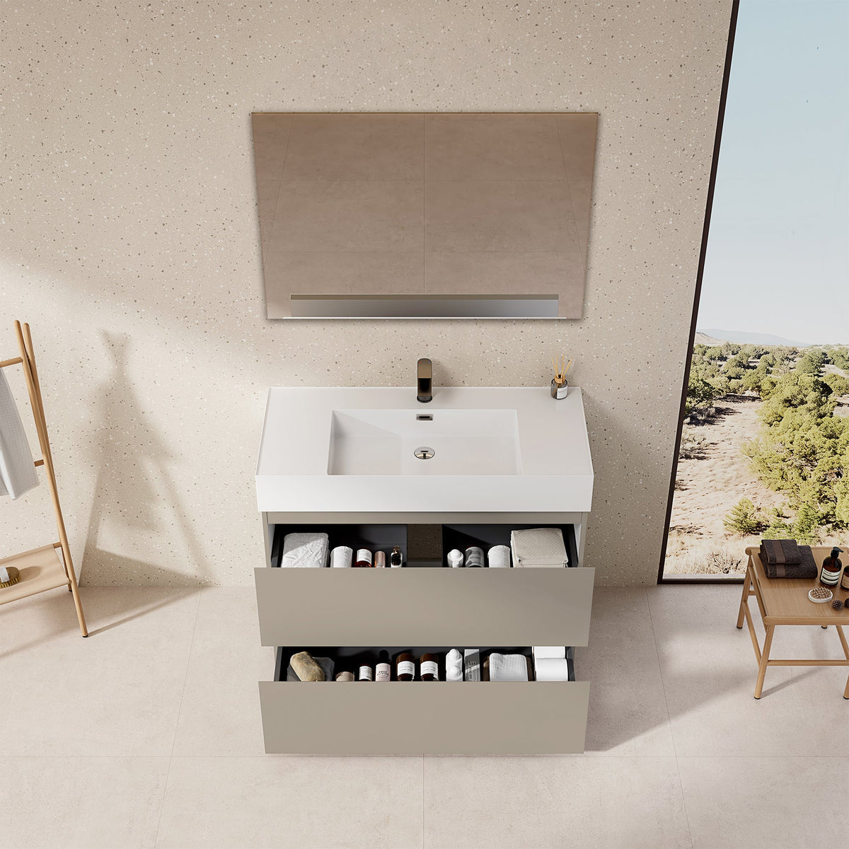 Mobile bagno a Terra 100 cm Grigio Cenere Lavabo in Resina Specchio Quadro - Nube Paint